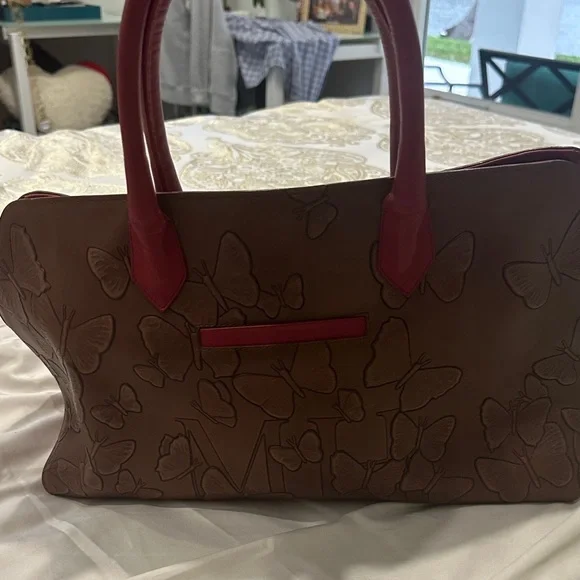 Butterfly Embossed Tote in Brown and Red - Picture 2 of 4